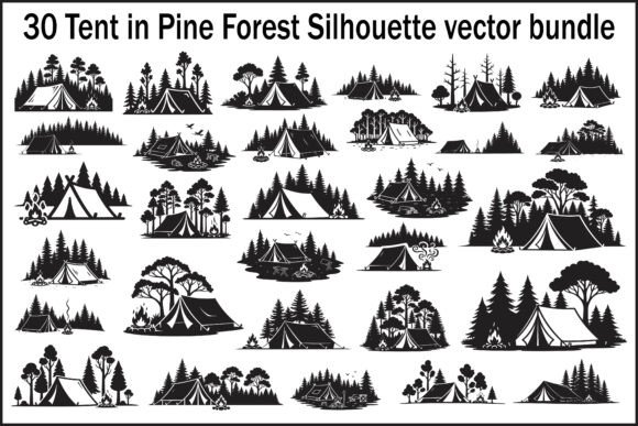 30 Tent in Pine Forest Silhouette Bundle: Graphics & Illustrations