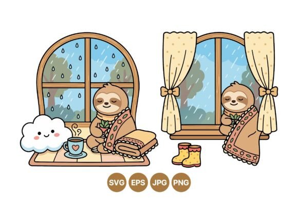 Cozy Sloth Rainy Day Clipart: Graphics & Illustrations for Calm, Clickable Content