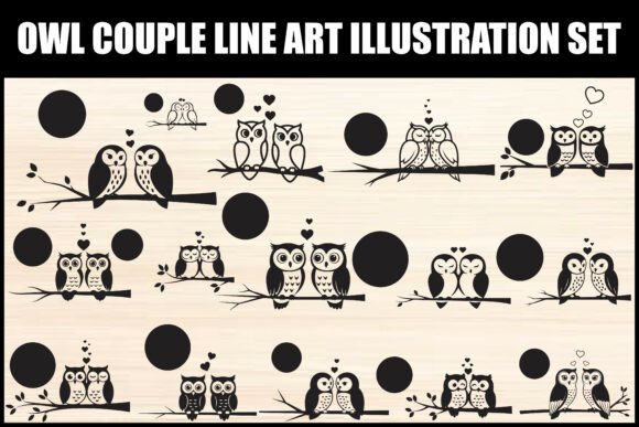 Owl Couple Line Art Illustration Set: Graphics & Illustrations